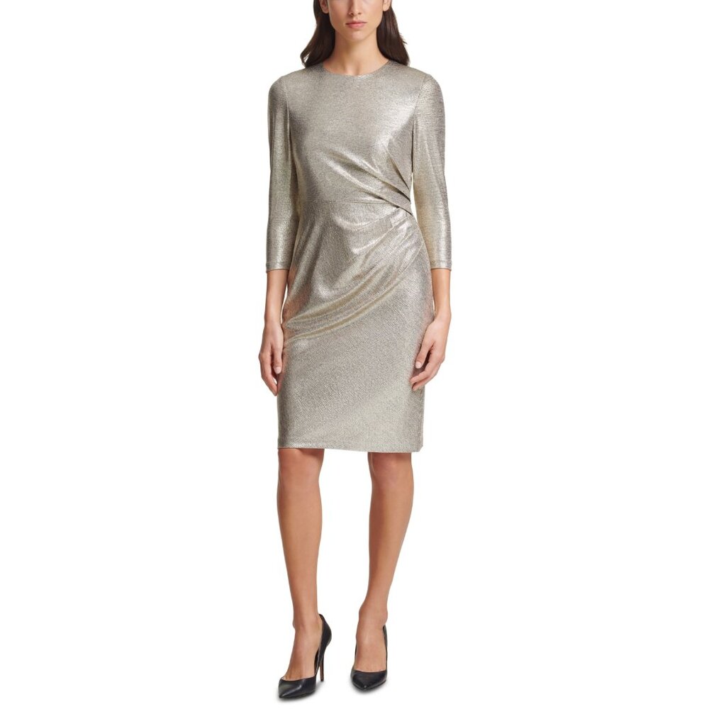 NWT Vince Camuto Womens Size 10 Silver Metallic Knit Side-Tuck Bodycon Dress NEW